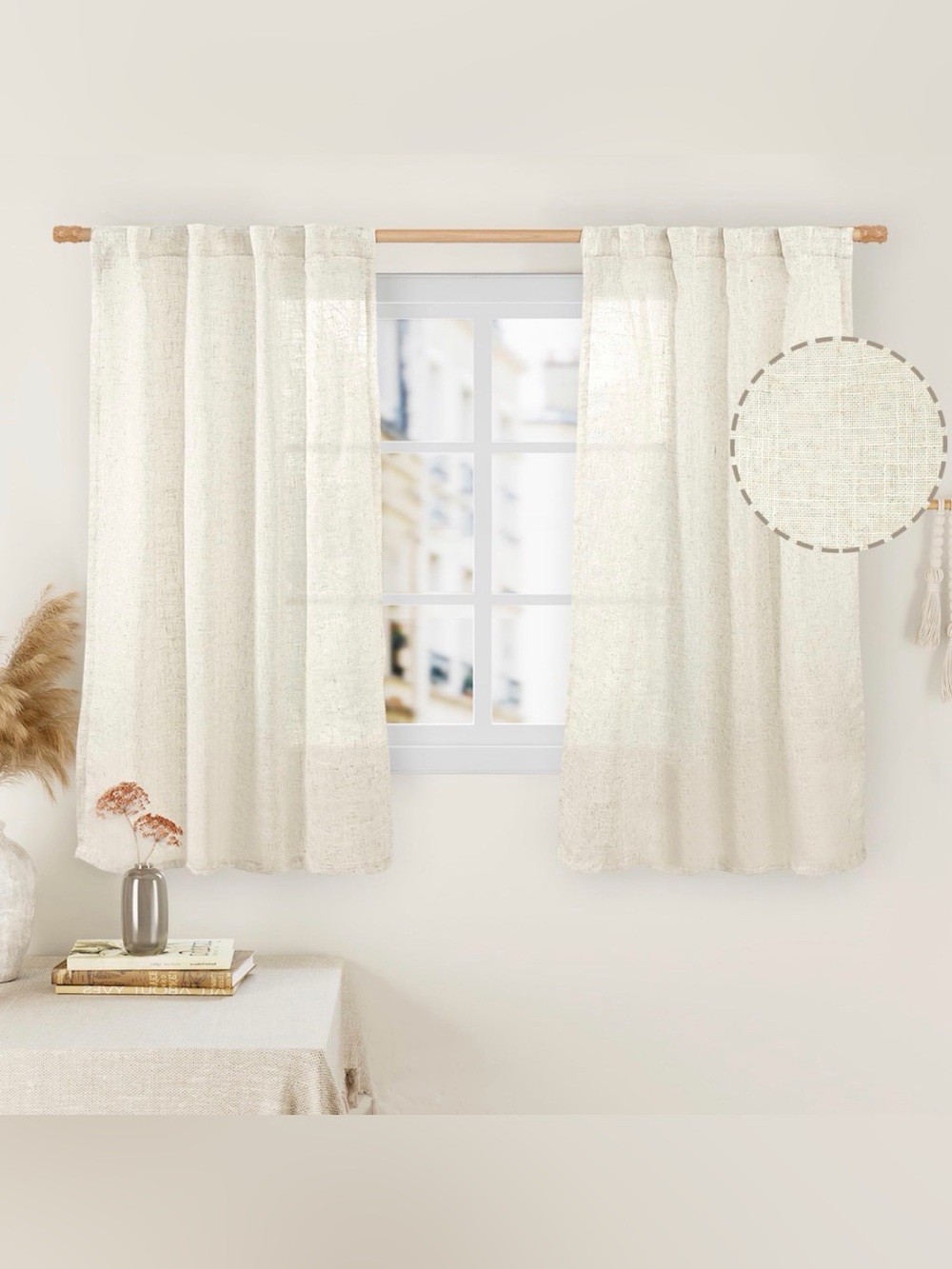 Neutral Linen-Look Window Curtains - Cream